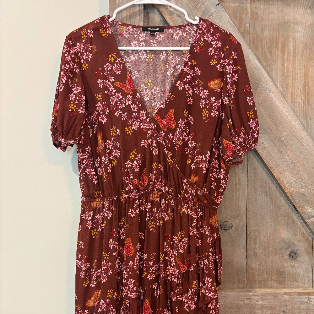 Madewell Faux Cross-Wrap Dress with Butterfly Floral Print – Size 12